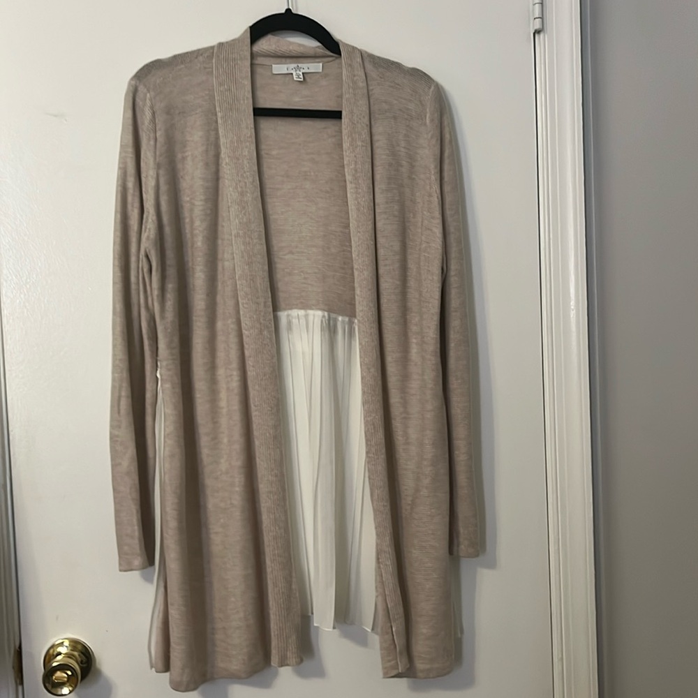 Fever Oatmeal Long Open Cardigan with Sheer Cream Pleated Insert Medium